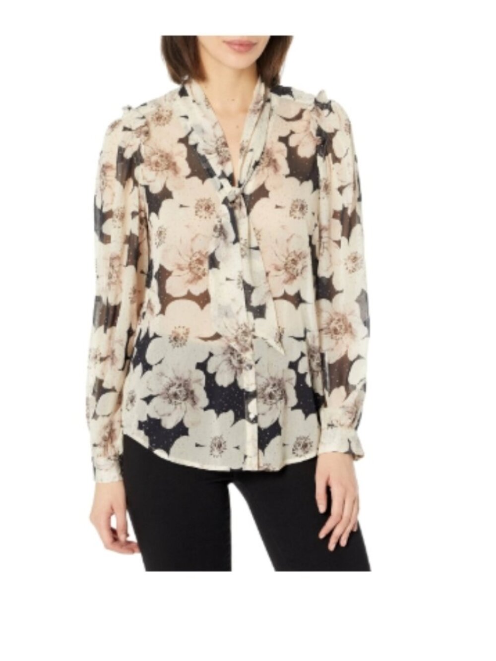 Like New! PAIGE Denim Giada Blouse Cream and Black Floral Tie-Neck in Size S - Picture 2 of 16